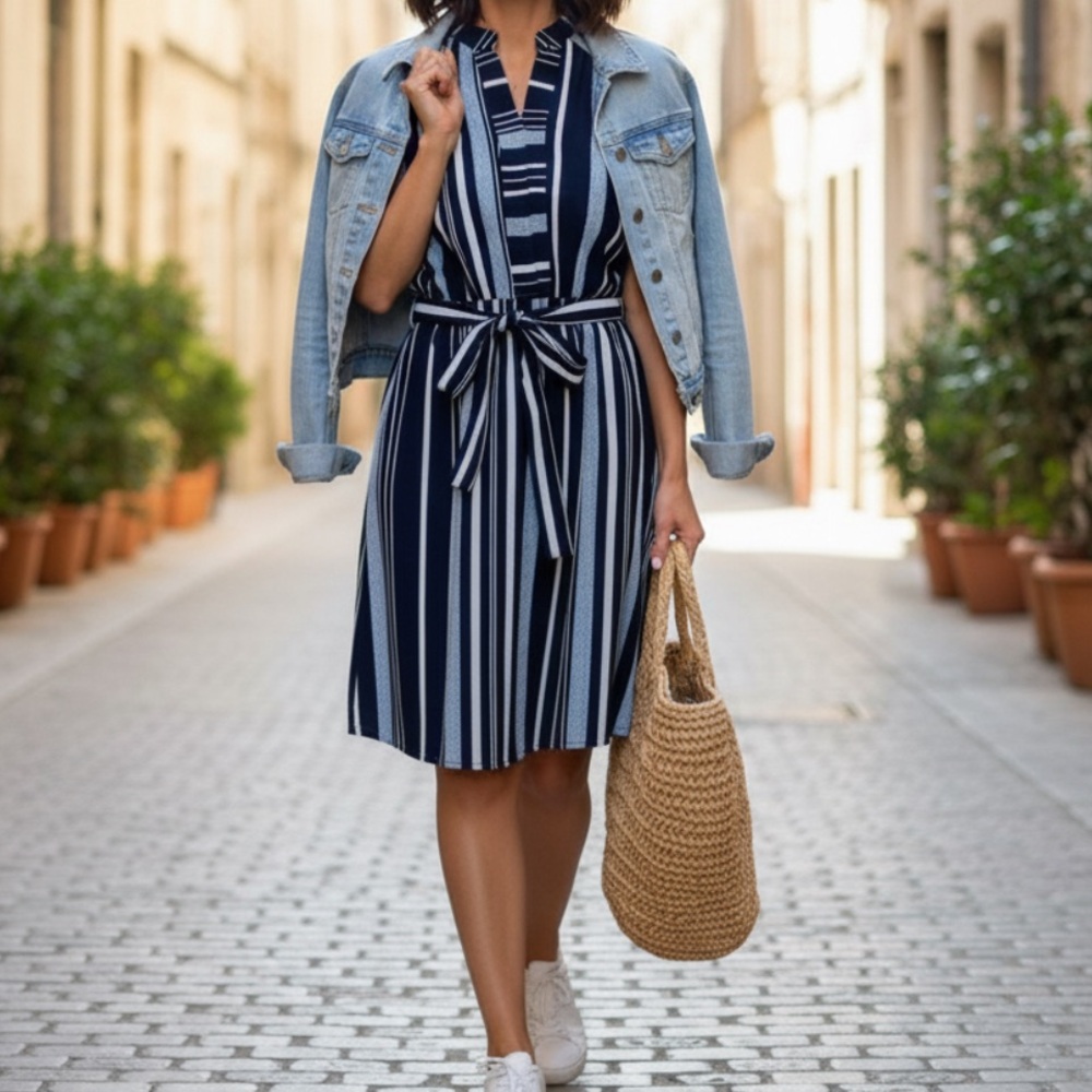 Monteau White and Navy Sundress with Notched Collar